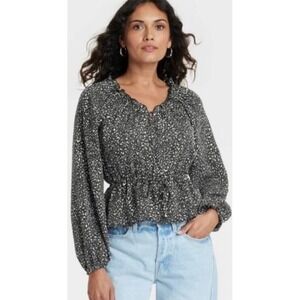 Universal Thread Ruffle Neck Blouse Long Sleeve Drawstring Waist Black‎ M NWT